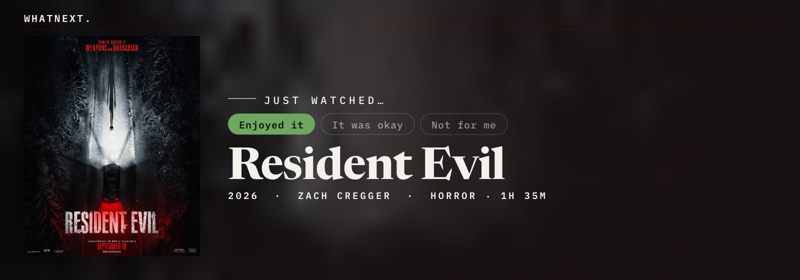Just watched Resident Evil (2026, Zach Cregger, Horror/Survival)