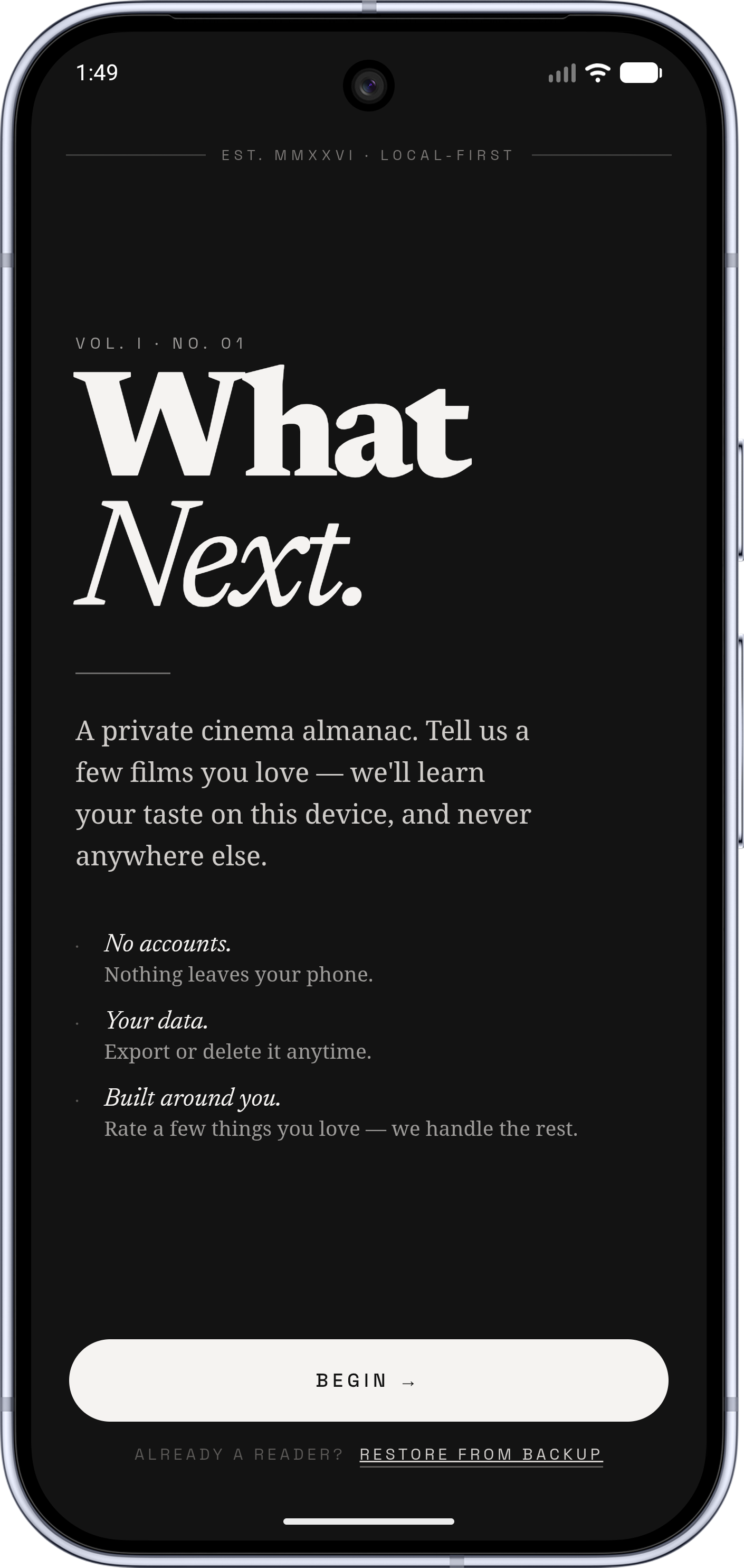 WhatNext welcome screen